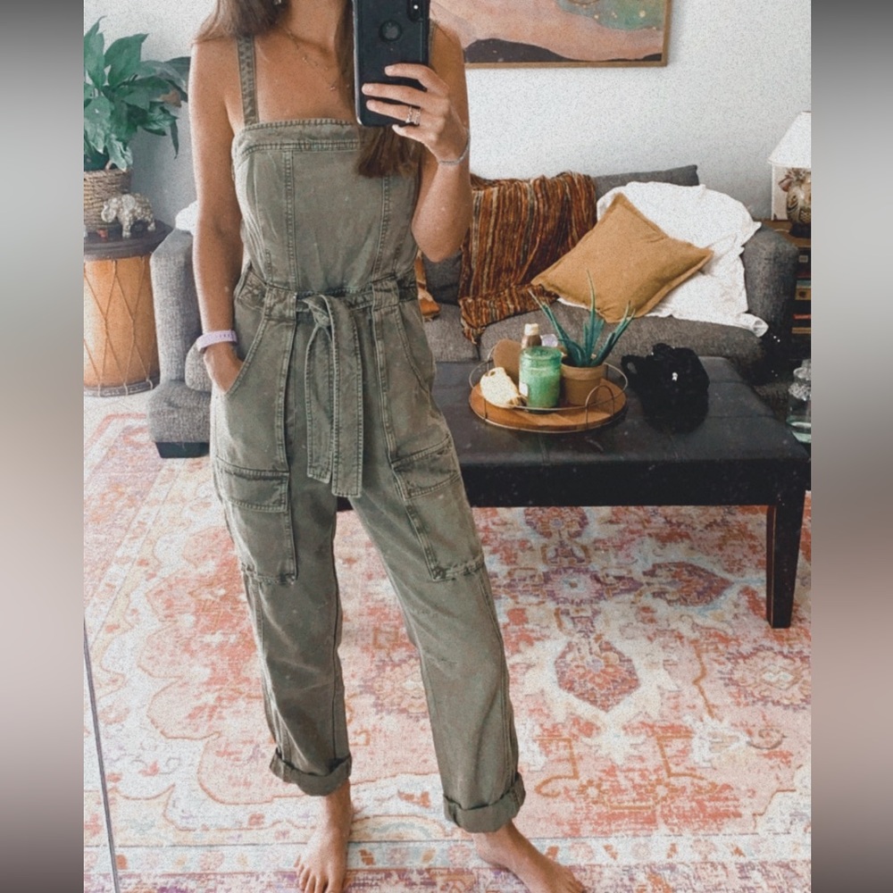 Free People Green Denim Overalls Jumpsuit